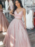 A Line Spaghetti Straps Pink Two Pieces Appliques Tulle Prom Dress LBQ4204