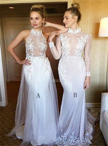 Mermaid High Neck White Lace Long Sleeves Prom Dress with Appliques