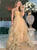 A Line Gold V Neck Tulle Prom Dress with Ruffles