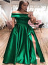 A Line Off the Shoulder Satin Green Prom Dress with Slit LBQ3870