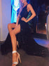 Mermaid Black Sequin Spaghetti Strap Slit Prom Dress LBQ3320