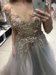 A Line Gray V Neck Tulle Appliques Prom Dresses
