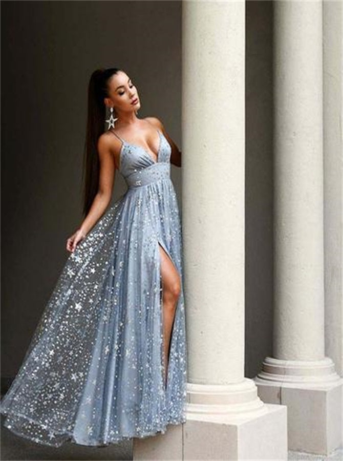 A Line V Neck Sequin Silver Prom Dresses With Slit | Alinepromdress A Line V Neck Sequin Silver Prom Dresses With Slit | Alinepromdress