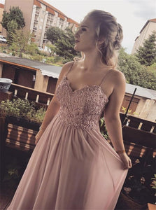 A Line Spaghetti Straps Pink Appliques Chiffon Prom Dresses 