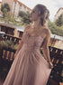 A Line Spaghetti Straps Pink Appliques Chiffon Prom Dress LBQ4205
