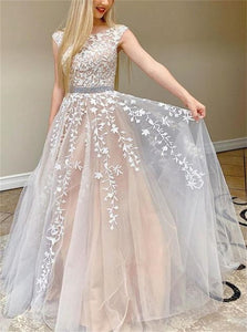 A Line Scoop Appliques Tulle Beadings Lace Up Prom Dresses