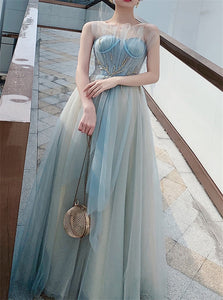 A Line Light Blue Scoop Tulle Lace Up Prom Dress with Appliques