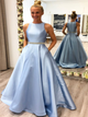 A Line Scoop Satin Pockets Prom Dress with Beading