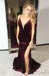 Memraid Spaghetti Straps Burgundy Split Velvet Backless Sleeveless Prom Dress LBQ3302