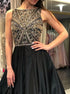 A Line Scoop Beads Black Satin Seeveless Open Back Prom Dresses LBQ3616