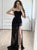 Mermaid Strapless Tulle Black Prom Dresses with Slit