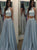 A Line Halter Blue Two Piece Satin Beadings Prom Dress LBQ4166