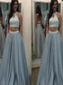 A Line Halter Blue Two Piece Satin Beadings Prom Dress LBQ4166