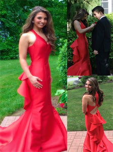 Mermaid V Neck Red Satin Prom Dress with Ruffles