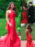 Mermaid V Neck Red Satin Prom Dress with Ruffles LBQ3340