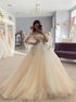 A Line Off the Shoulder Champagne Tulle Appliques Prom Dress LBQ3689