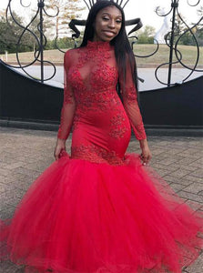 Mermaid Tulle Scoop Neck Appliques Lace Long Sleeves Prom Dresses