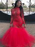 Mermaid Tulle Scoop Neck Appliques Lace Long Sleeves Prom Dresses LBQ4330