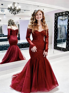 Mermaid Off the Shoulder Tulle Appliques Burgundy Prom Dresses