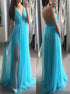 A Line V Neck Tulle Criss Cross Slit Prom Dress LBQ3902