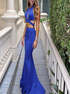Royal Blue Halter Mermaid Satin Pleats Prom Dress LBQ3798