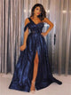 Sweep Train Navy Blue Slit Prom Dresses