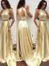 A Line High Neck Satin Open Back Beading Two Piece Prom Dresses LBQ3437