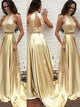 A Line High Neck Satin Open Back Beading  Prom Dresses