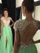 Sweep Train Green Open Back Evening Dresses with Slit