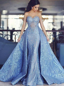 Detachable Train Mermaid Blue Appliques Sweep Train Prom Dresses