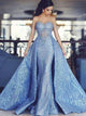 Detachable Train Mermaid Blue Appliques Sweep Train Prom Dresses