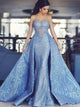Detachable Train Mermaid Blue Appliques Sweep Train Prom Dresses
