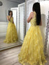 A Line Scoop Appliques Yellow Tulle Prom Dresses LBQ3948