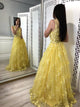 A Line Scoop Appliques Yellow Tulle Prom Dresses
