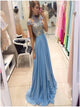 A Line High Neck Short Sleeve Beadings Chiffon Prom Dresses