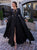 A Line Round Neck Long Sleeves Black Appliques Satin Prom Dress