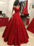 Ball Gown Off the Shoulder Floor Length Red Satin Appliques Prom Dress LBQ3506