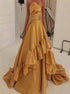 A Line Satin Strapless Pleats Prom Dresses with Ruffle LBQ3689