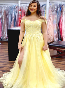 A Line Off the Shoulder Yellow Tulle Appliques Prom Dresses