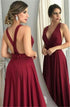 A Line Deep V Neck Criss Cross Burgundy Satin Prom Dress with Bowknot LBQ3303