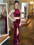 Burgundy Mermaid Velvet Scoop Criss Cross Prom Dress with Slit LBQ3795