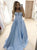 A Line Strapless Blue Satin Prom Dress with Slit 