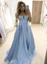 A Line Strapless Blue Satin Prom Dress with Slit LBQ4187