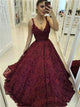 A Line V Neck Lace Appliques Prom Dress 