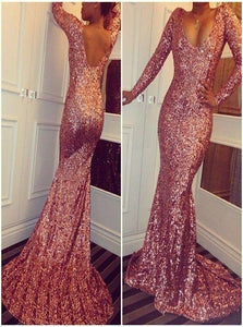 Long Sleeves Sequins Scoop Open Back Mermaid Prom Dresses