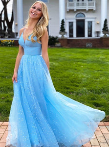 A Line V Neck Tulle Prom Dresses with Pleats 