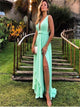 A Line V Neck Chiffon Slit Prom Dress