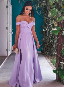 A Line Off Shoulder Lavender Satin Prom Dresses with Pleats