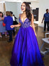 Spaghetti Straps A Line With Beads Satin Prom Dresses LBQ3756