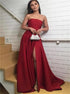 A Line Red Strapless Satin Prom Dress with Slit LBQ3789